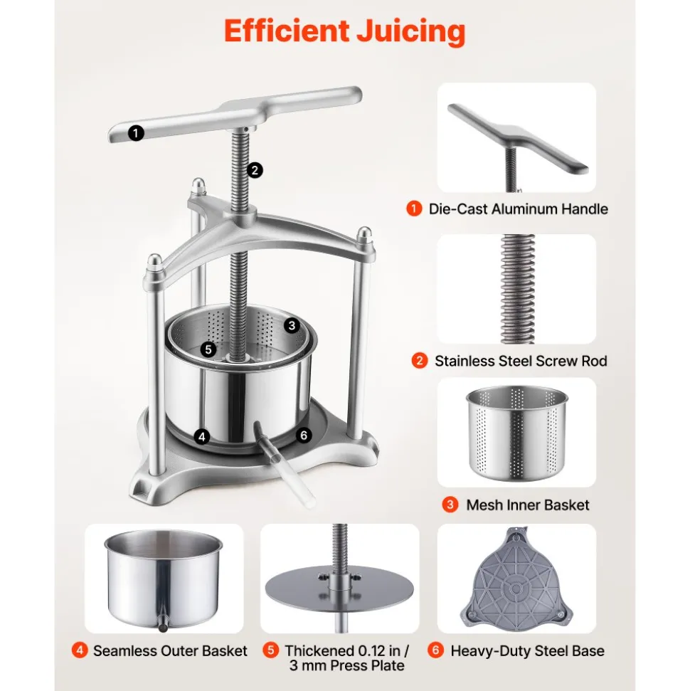 VEVOR Fruit Wine Press, 0.8 Gallon/3L, Stainless Steel Manual Juice Maker with Powerful T-Shaped Handle, Juice Making for Apple/Grape/Orange/Berry, Cheese/Tincture/Herbal Press, for Kitchen Home