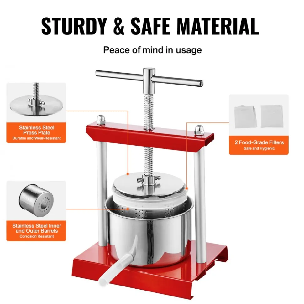 VEVOR Fruit Wine Press, 0.88 Gallon/3.36L, 2 Stainless Steel Barrels, Manual Juice Maker, Cider Apple Grape Tincture Vegetables Honey Olive Oil Making Press with T-Handle for Outdoor, Kitchen and Home