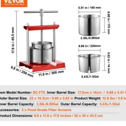 VEVOR Fruit Wine Press, 0.88 Gallon/3.36L, 2 Stainless Steel Barrels, Manual Juice Maker, Cider Apple Grape Tincture Vegetables Honey Olive Oil Making Press with T-Handle for Outdoor, Kitchen and Home