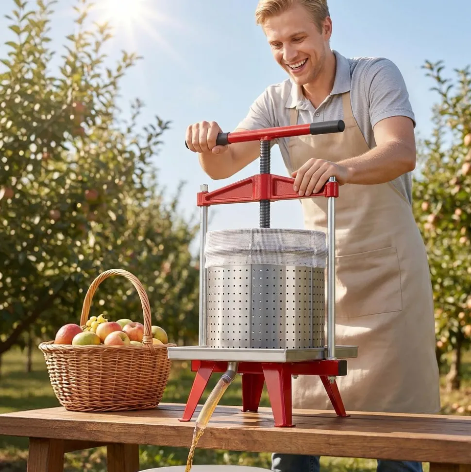VEVOR Fruit Wine Press, 3.96Gal/15L, Stainless Steel Manual Juice Maker, Heavy Duty T-Shaped Handle & Cross-beam for Cider Apple Grape Vegetable Press, with 2 Filter Bags, for Kitchen Home Brewing