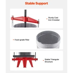 VEVOR Fruit Wine Press, 3.96Gal/15L, Stainless Steel Manual Juice Maker, Heavy Duty T-Shaped Handle & Cross-beam for Cider Apple Grape Vegetable Press, with 2 Filter Bags, for Kitchen Home Brewing