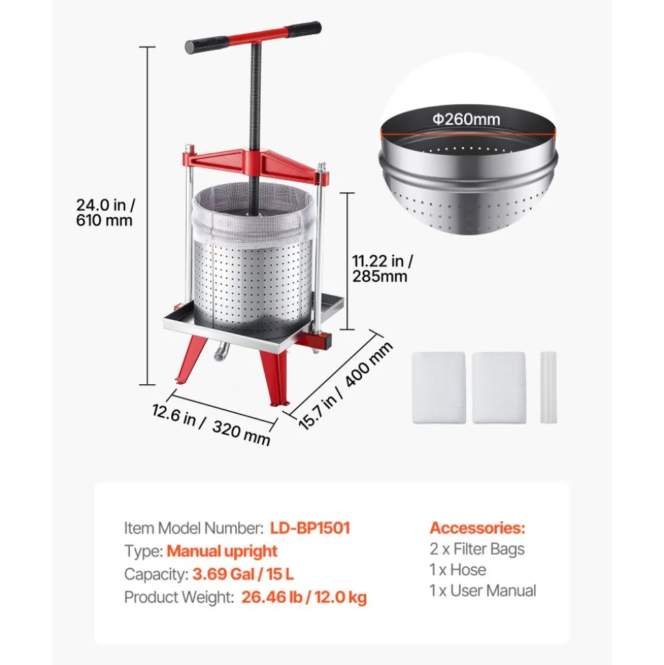 VEVOR Fruit Wine Press, 3.96Gal/15L, Stainless Steel Manual Juice Maker, Heavy Duty T-Shaped Handle & Cross-beam for Cider Apple Grape Vegetable Press, with 2 Filter Bags, for Kitchen Home Brewing