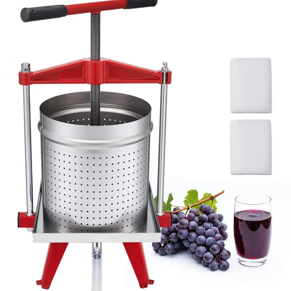 VEVOR Fruit Wine Press, 3.96Gal/15L, Stainless Steel Manual Juice Maker, Heavy Duty T-Shaped Handle & Cross-beam for Cider Apple Grape Vegetable Press, with 2 Filter Bags, for Kitchen Home Brewing