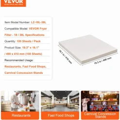 VEVOR Fryer Filter Paper, 100 Sheets, 19.3" x 16.1", Replacement Deep Fryer Filter Sheets for 18L/38L Commercial Mobile Fryer Filter Machine, for Restaurant, Fast Food Shop, Carnival Concession Stand