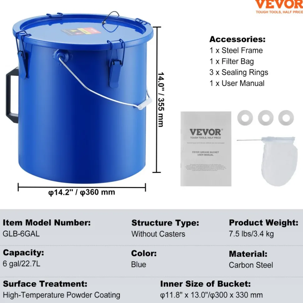 VEVOR Fryer Grease Bucket, 6 Gal Oil Disposal Caddy Carbon Steel Fryer Oil Bucket with Rust-Proof Coating, Oil Transport Container with Lid, Lock Clips, Filter Bag for Hot Cooking Oil Filtering, Blue