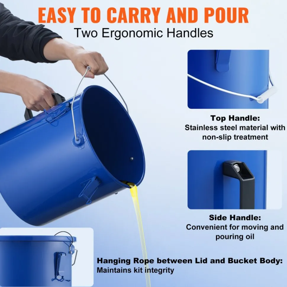 VEVOR Fryer Grease Bucket, 6 Gal Oil Disposal Caddy Carbon Steel Fryer Oil Bucket with Rust-Proof Coating, Oil Transport Container with Lid, Lock Clips, Filter Bag for Hot Cooking Oil Filtering, Blue