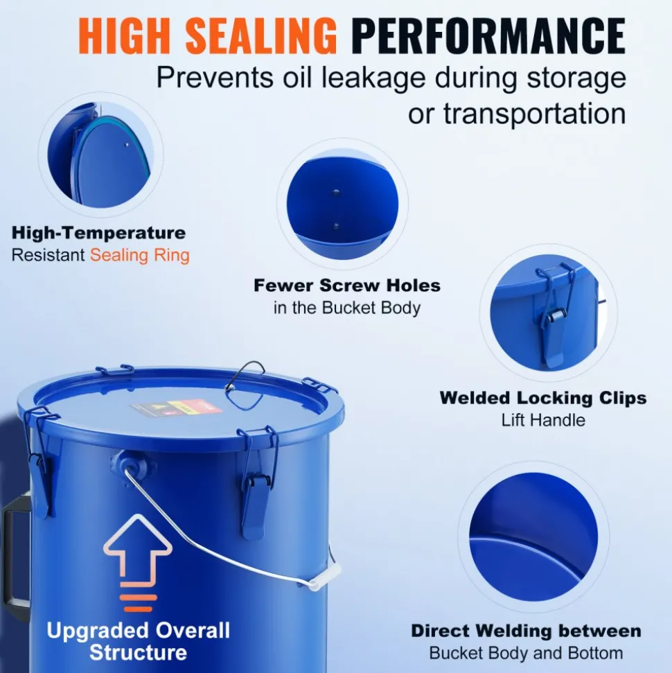 VEVOR Fryer Grease Bucket, 6 Gal Oil Disposal Caddy Carbon Steel Fryer Oil Bucket with Rust-Proof Coating, Oil Transport Container with Lid, Lock Clips, Filter Bag for Hot Cooking Oil Filtering, Blue