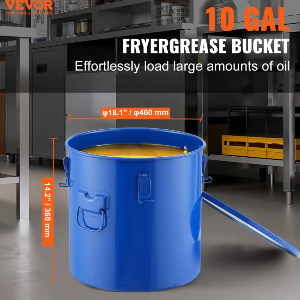 VEVOR Fryer Grease Bucket, 10 Gal Oil Disposal Caddy Carbon Steel Fryer Oil Bucket with Rust-Proof Coating, Oil Transport Container with Lid, Lock Clips, Filter Bag for Hot Cooking Oil Filtering, Blue