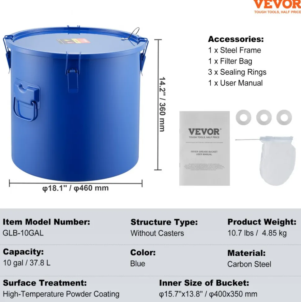 VEVOR Fryer Grease Bucket, 10 Gal Oil Disposal Caddy Carbon Steel Fryer Oil Bucket with Rust-Proof Coating, Oil Transport Container with Lid, Lock Clips, Filter Bag for Hot Cooking Oil Filtering, Blue