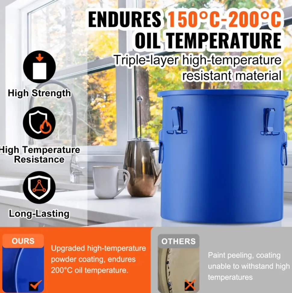 VEVOR Fryer Grease Bucket, 10 Gal Oil Disposal Caddy Carbon Steel Fryer Oil Bucket with Rust-Proof Coating, Oil Transport Container with Lid, Lock Clips, Filter Bag for Hot Cooking Oil Filtering, Blue