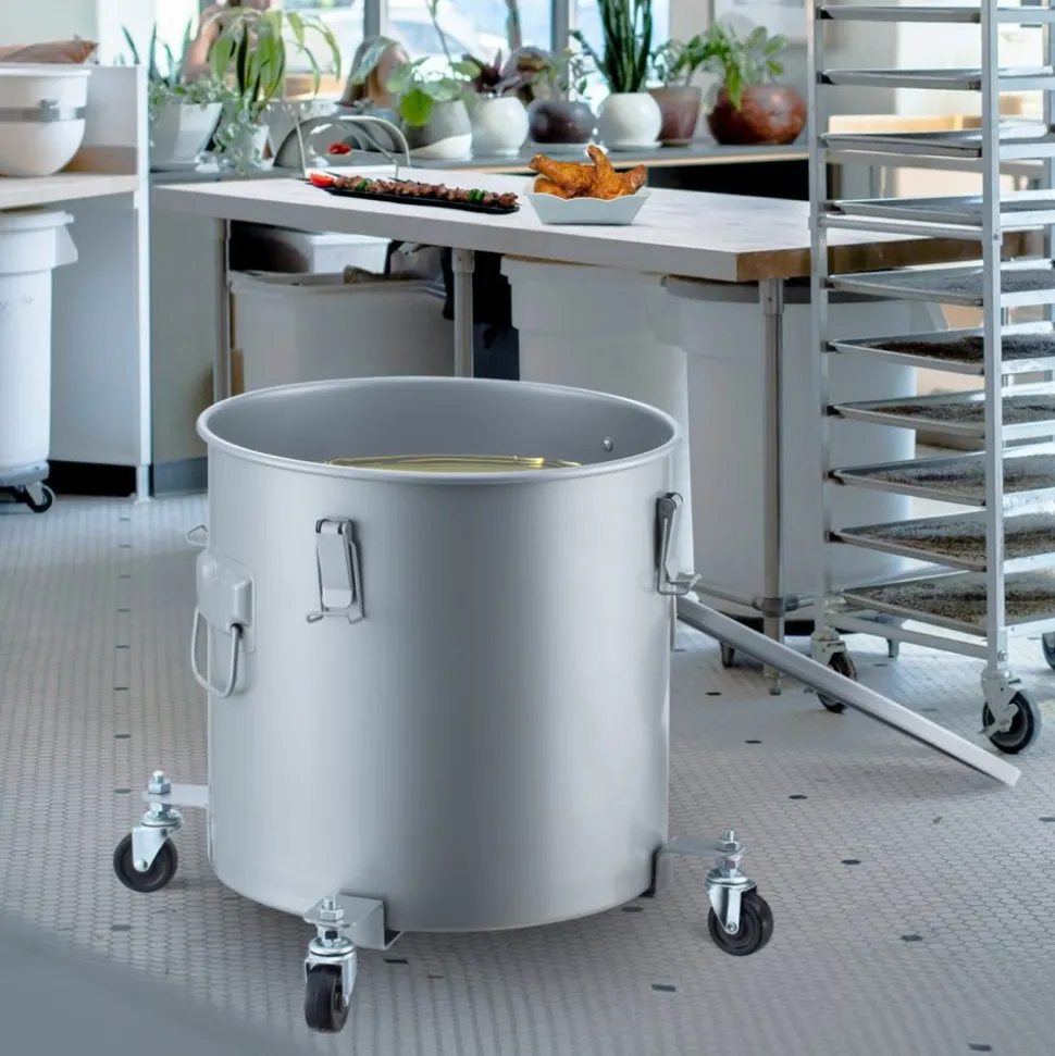 VEVOR Fryer Grease Bucket, 8 Gal Oil Disposal Caddy with Caster Base, Carbon Steel with Rust-Proof Coating, Oil Transport Container with Lid, Lock Clips, Filter Bag for Hot Cooking Oil Filtering, Gray