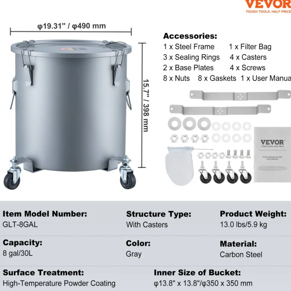 VEVOR Fryer Grease Bucket, 8 Gal Oil Disposal Caddy with Caster Base, Carbon Steel with Rust-Proof Coating, Oil Transport Container with Lid, Lock Clips, Filter Bag for Hot Cooking Oil Filtering, Gray