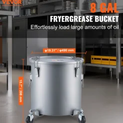 VEVOR Fryer Grease Bucket, 8 Gal Oil Disposal Caddy with Caster Base, Carbon Steel with Rust-Proof Coating, Oil Transport Container with Lid, Lock Clips, Filter Bag for Hot Cooking Oil Filtering, Gray