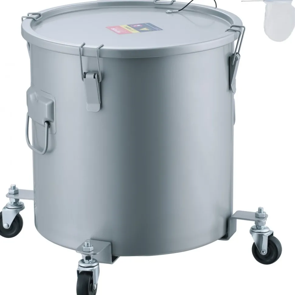 VEVOR Fryer Grease Bucket, 8 Gal Oil Disposal Caddy with Caster Base, Carbon Steel with Rust-Proof Coating, Oil Transport Container with Lid, Lock Clips, Filter Bag for Hot Cooking Oil Filtering, Gray
