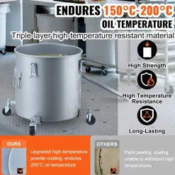 VEVOR Fryer Grease Bucket, 8 Gal Oil Disposal Caddy with Caster Base, Carbon Steel with Rust-Proof Coating, Oil Transport Container with Lid, Lock Clips, Filter Bag for Hot Cooking Oil Filtering, Gray