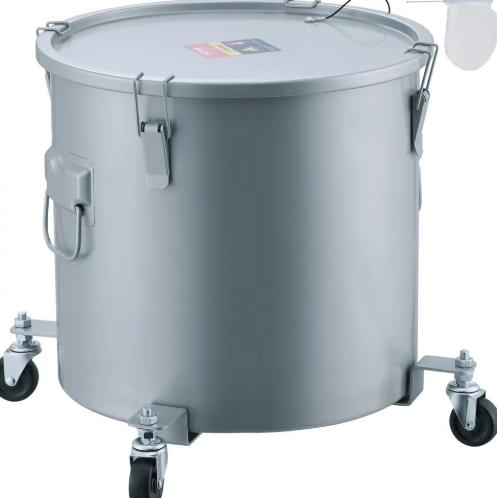 VEVOR Fryer Grease Bucket, 16 Gal Oil Disposal Caddy with Caster Base, Carbon Steel Rust-Proof Coating, Oil Transport Container with Lid, Lock Clips, Filter Bag for Hot Cooking Oil Filtering, Gray