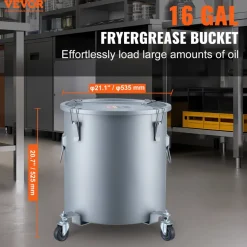 VEVOR Fryer Grease Bucket, 16 Gal Oil Disposal Caddy with Caster Base, Carbon Steel Rust-Proof Coating, Oil Transport Container with Lid, Lock Clips, Filter Bag for Hot Cooking Oil Filtering, Gray