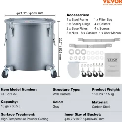 VEVOR Fryer Grease Bucket, 16 Gal Oil Disposal Caddy with Caster Base, Carbon Steel Rust-Proof Coating, Oil Transport Container with Lid, Lock Clips, Filter Bag for Hot Cooking Oil Filtering, Gray