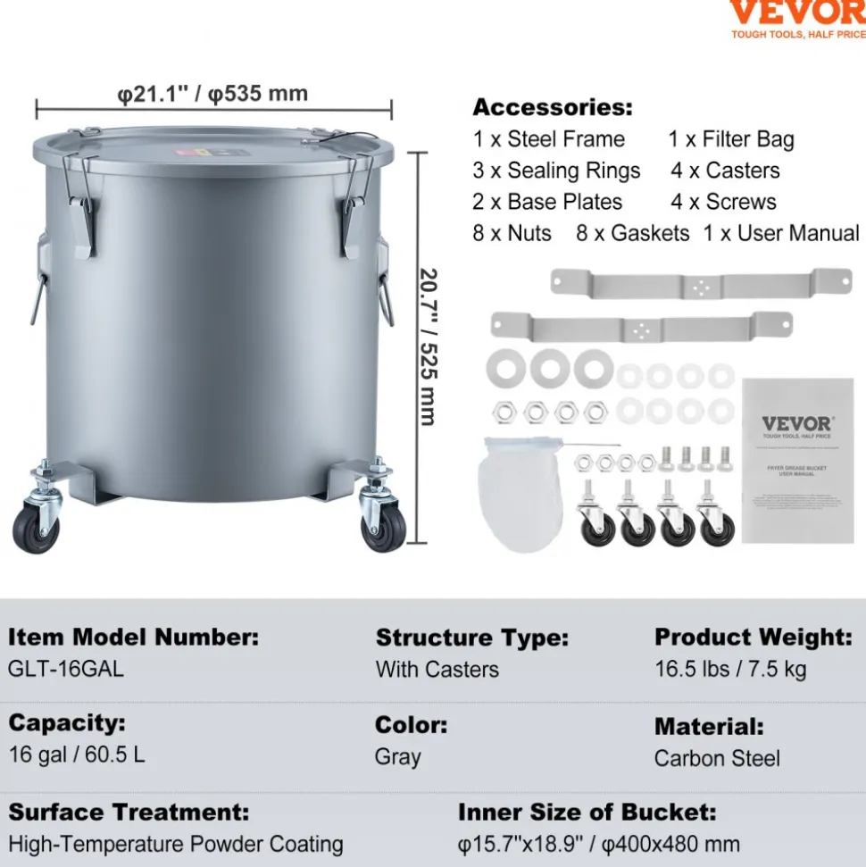 VEVOR Fryer Grease Bucket, 16 Gal Oil Disposal Caddy with Caster Base, Carbon Steel Rust-Proof Coating, Oil Transport Container with Lid, Lock Clips, Filter Bag for Hot Cooking Oil Filtering, Gray