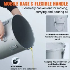 VEVOR Fryer Grease Bucket, 10 Gal Oil Disposal Caddy with Caster Base, Carbon Steel Rust-Proof Coating, Oil Transport Container with Lid, Lock Clips, Filter Bag for Hot Cooking Oil Filtering, Gray