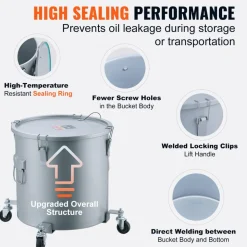 VEVOR Fryer Grease Bucket, 10 Gal Oil Disposal Caddy with Caster Base, Carbon Steel Rust-Proof Coating, Oil Transport Container with Lid, Lock Clips, Filter Bag for Hot Cooking Oil Filtering, Gray