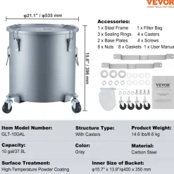 VEVOR Fryer Grease Bucket, 10 Gal Oil Disposal Caddy with Caster Base, Carbon Steel Rust-Proof Coating, Oil Transport Container with Lid, Lock Clips, Filter Bag for Hot Cooking Oil Filtering, Gray