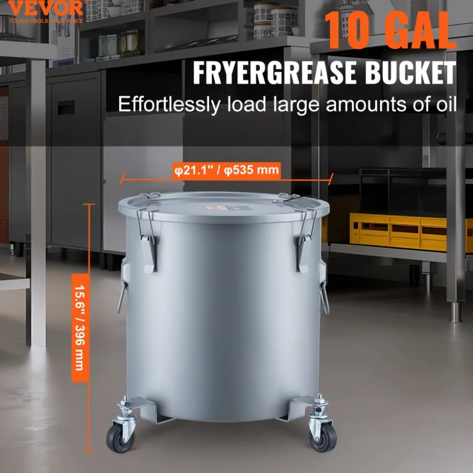 VEVOR Fryer Grease Bucket, 10 Gal Oil Disposal Caddy with Caster Base, Carbon Steel Rust-Proof Coating, Oil Transport Container with Lid, Lock Clips, Filter Bag for Hot Cooking Oil Filtering, Gray