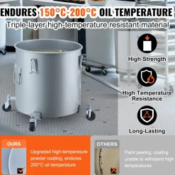 VEVOR Fryer Grease Bucket, 10 Gal Oil Disposal Caddy with Caster Base, Carbon Steel Rust-Proof Coating, Oil Transport Container with Lid, Lock Clips, Filter Bag for Hot Cooking Oil Filtering, Gray