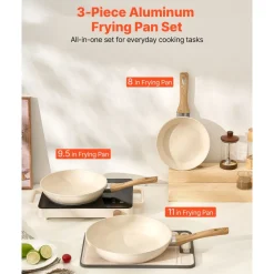 VEVOR Frying Pan Skillet, Aluminum Egg Fry Pans, 3 Piece (8, 9.5, 11 in), Nonsitck Ceramic Heavy-Duty Skillets with Heat-Resistant Handle, Chef's Kitchen Cookware for Gas, Electric, Induction, Beige