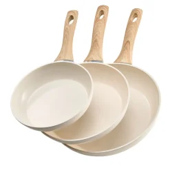 VEVOR Frying Pan Skillet, Aluminum Egg Fry Pans, 3 Piece (8, 9.5, 11 in), Nonsitck Ceramic Heavy-Duty Skillets with Heat-Resistant Handle, Chef's Kitchen Cookware for Gas, Electric, Induction, Beige
