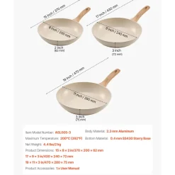 VEVOR Frying Pan Skillet, Aluminum Egg Fry Pans, 3 Piece (8, 9.5, 11 in), Nonsitck Ceramic Heavy-Duty Skillets with Heat-Resistant Handle, Chef's Kitchen Cookware for Gas, Electric, Induction, Beige