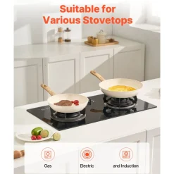 VEVOR Frying Pan Skillet, Aluminum Egg Fry Pans, 3 Piece (8, 9.5, 11 in), Nonsitck Ceramic Heavy-Duty Skillets with Heat-Resistant Handle, Chef's Kitchen Cookware for Gas, Electric, Induction, Beige
