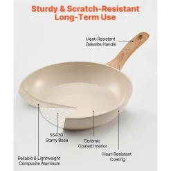 VEVOR Frying Pan Skillet, Aluminum Egg Fry Pans, 3 Piece (8, 9.5, 11 in), Nonsitck Ceramic Heavy-Duty Skillets with Heat-Resistant Handle, Chef's Kitchen Cookware for Gas, Electric, Induction, Beige