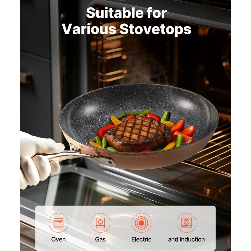 VEVOR Frying Pan Skillet, Aluminum Egg Fry Pans, 3 Piece (8, 10, 12 in), Nonsitck Ceramic Heavy-Duty Skillets with Heat-Resistant Handle, Chef's Cookware, for Oven, Gas, Electric, Induction, Grey