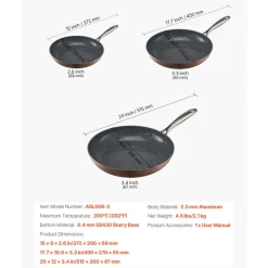 VEVOR Frying Pan Skillet, Aluminum Egg Fry Pans, 3 Piece (8, 10, 12 in), Nonsitck Ceramic Heavy-Duty Skillets with Heat-Resistant Handle, Chef's Cookware, for Oven, Gas, Electric, Induction, Grey