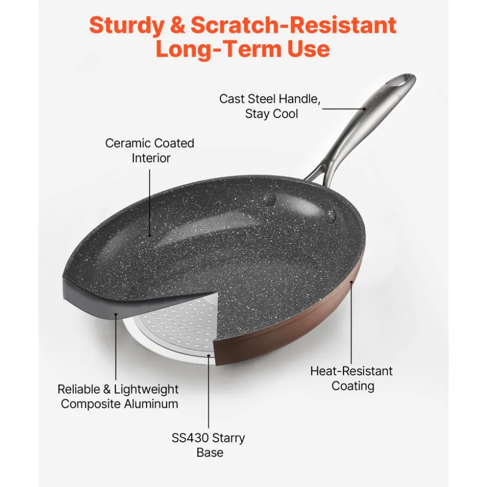 VEVOR Frying Pan Skillet, Aluminum Egg Fry Pans, 3 Piece (8, 10, 12 in), Nonsitck Ceramic Heavy-Duty Skillets with Heat-Resistant Handle, Chef's Cookware, for Oven, Gas, Electric, Induction, Grey