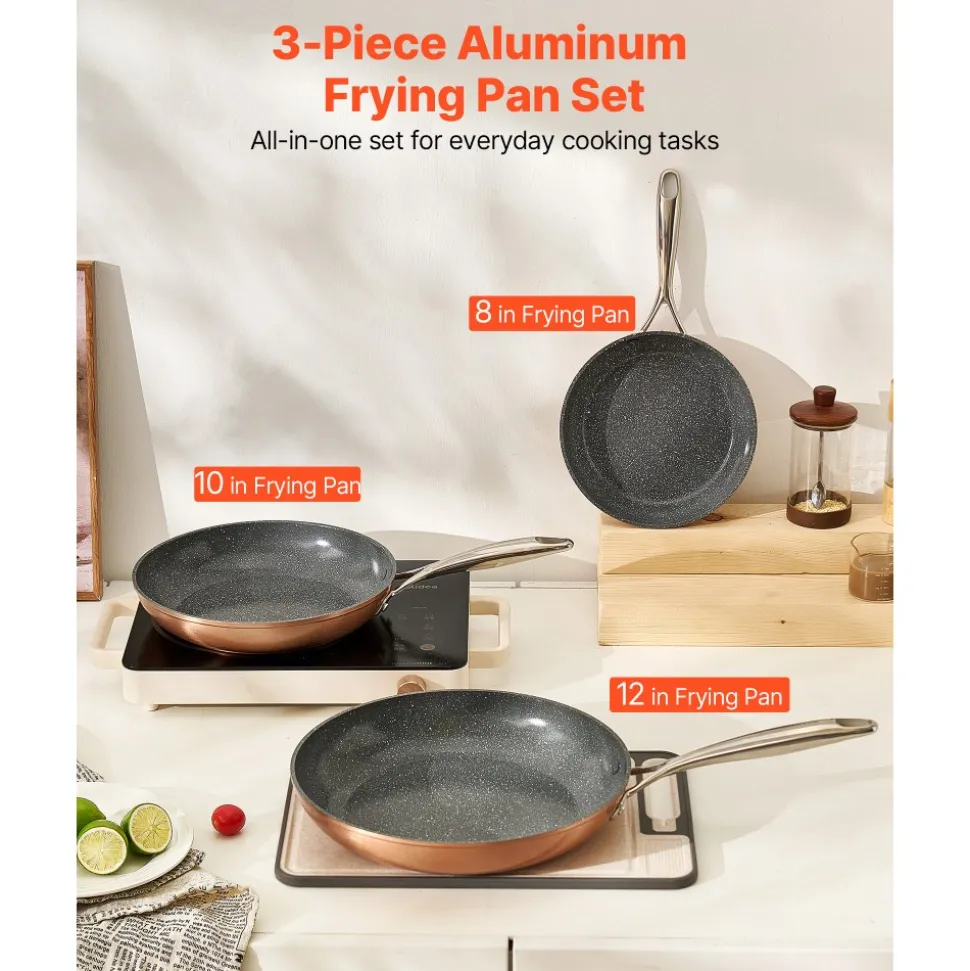 VEVOR Frying Pan Skillet, Aluminum Egg Fry Pans, 3 Piece (8, 10, 12 in), Nonsitck Ceramic Heavy-Duty Skillets with Heat-Resistant Handle, Chef's Cookware, for Oven, Gas, Electric, Induction, Grey