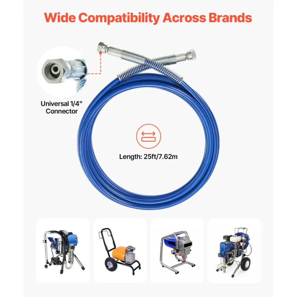 VEVOR 25ft Airless Paint Sprayer Hose, 1/4 in Universal Airless Paint Spray Hose, 4350 PSI High Pressure Flexible Airless Sprayer Hose, Multi-Layer Reinforced Steel Wire Braid Hose for Paint Sprayer