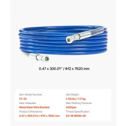 VEVOR 25ft Airless Paint Sprayer Hose, 1/4 in Universal Airless Paint Spray Hose, 4350 PSI High Pressure Flexible Airless Sprayer Hose, Multi-Layer Reinforced Steel Wire Braid Hose for Paint Sprayer