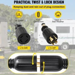 VEVOR 50 FT 30 Amp Generator Extension Cord SJTW 10 AWG 4 Prong, NEMA L14-30P 125/250V Heavy Duty Generator Power Cord with Twist Lock Connector