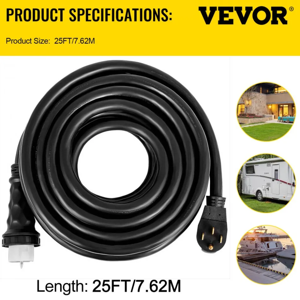 VEVOR 25Ft 50 Amp Generator Extension Cord STW 6/3 + 8/1 Generator Cord 125V 250V Generator Power Cord N14-50P & SS2-50R & CS6364 Twist Lock Connectors Tested to UL Standards