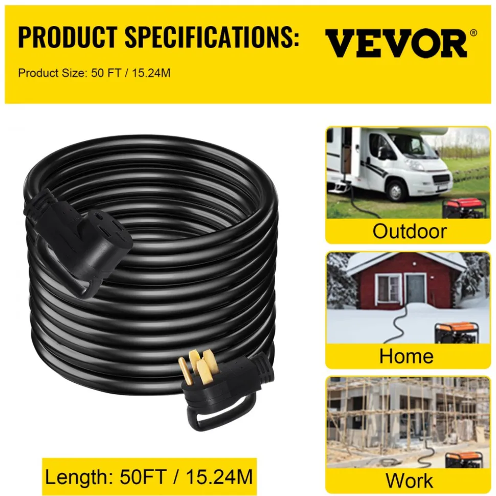 VEVOR 50Ft 50 Amp RV Extension Cord Durable Premium Power Cord RV 26.5mm Wire Diameter Extension Cord Copper Wire RV Cord Power Supply Cable for Trailer Motorhome Camper with Handles