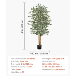 VEVOR 6FT Artificial Ficus Tree with Black Pot, Tall Faux Ficus Plant with Natural Wood Trunk and Realistic Green Leaves, Indoor Fake Silk Tree for Home, Office, Living Room, or Corner Décor