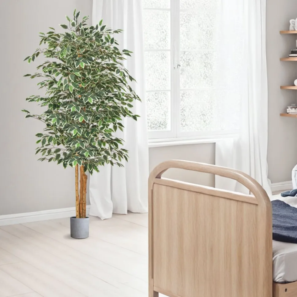 VEVOR 6FT Artificial Ficus Tree with Black Pot, Tall Faux Ficus Plant with Natural Wood Trunk and Realistic Green Leaves, Indoor Fake Silk Tree for Home, Office, Living Room, or Corner Décor