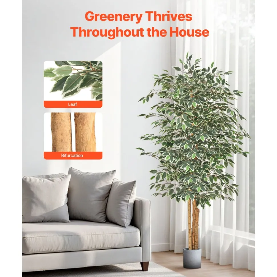 VEVOR 6FT Artificial Ficus Tree with Black Pot, Tall Faux Ficus Plant with Natural Wood Trunk and Realistic Green Leaves, Indoor Fake Silk Tree for Home, Office, Living Room, or Corner Décor
