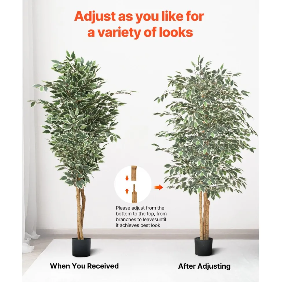 VEVOR 6FT Artificial Ficus Tree with Black Pot, Tall Faux Ficus Plant with Natural Wood Trunk and Realistic Green Leaves, Indoor Fake Silk Tree for Home, Office, Living Room, or Corner Décor