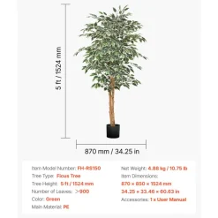 VEVOR 5FT Artificial Ficus Tree with Black Pot, Tall Faux Ficus Plant with Natural Wood Trunk and Realistic Green Leaves, Indoor Fake Silk Tree for Home, Office, Living Room, or Corner Décor