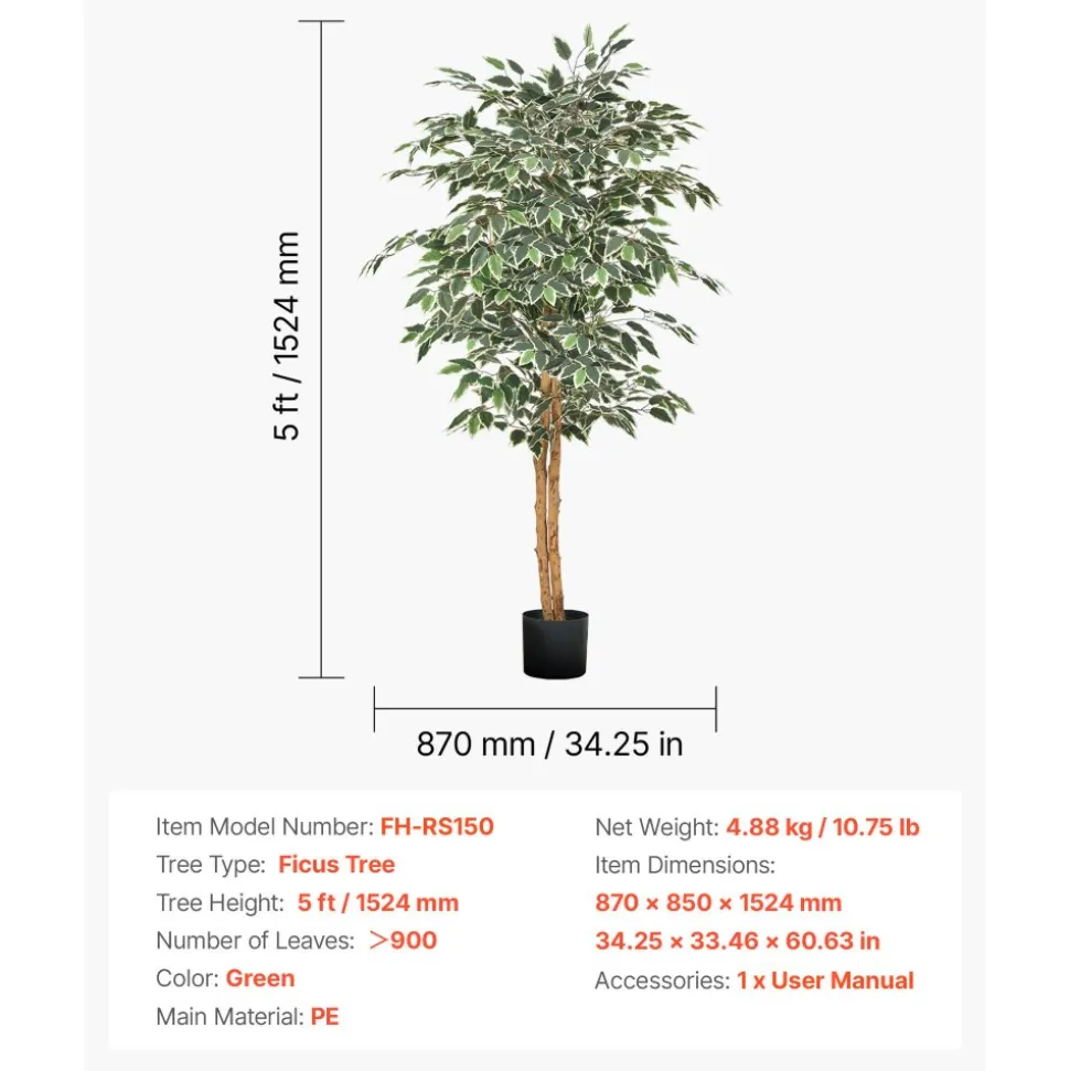 VEVOR 5FT Artificial Ficus Tree with Black Pot, Tall Faux Ficus Plant with Natural Wood Trunk and Realistic Green Leaves, Indoor Fake Silk Tree for Home, Office, Living Room, or Corner Décor