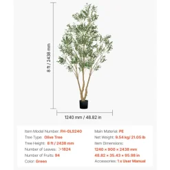 VEVOR 8FT Artificial Olive Tree with Black Pot, Tall Fake Tree with Natural Wood Trunk & Realistic Green Leaves and Fruits, Indoor Faux Plant for Home, Office, Living Room, Corner Decor