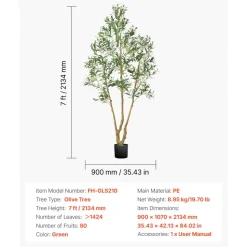 VEVOR 7FT Artificial Olive Tree with Black Pot, Tall Fake Tree with Natural Wood Trunk & Realistic Green Leaves and Fruits, Indoor Faux Plant for Home, Office, Living Room, Corner Decor